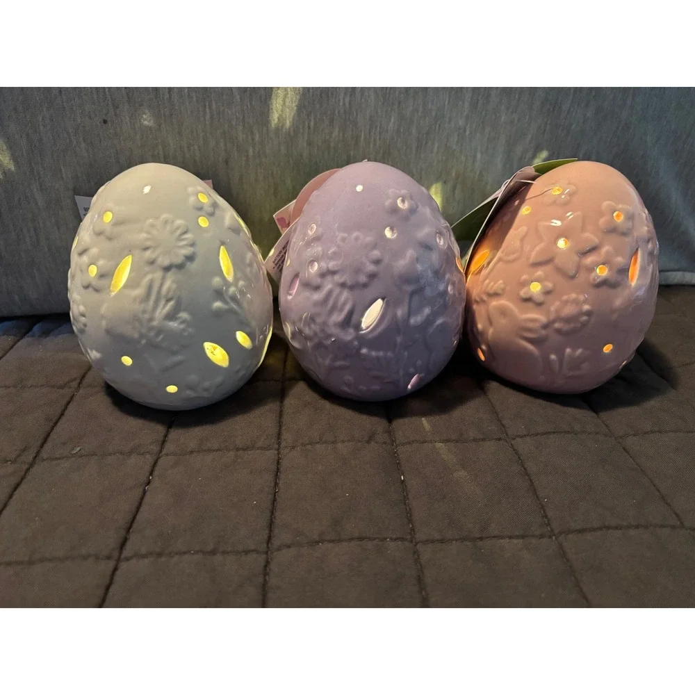Set of 3 LED Light Up Ceramic Easter Eggs Pastel Bunny Floral Embossed Decor